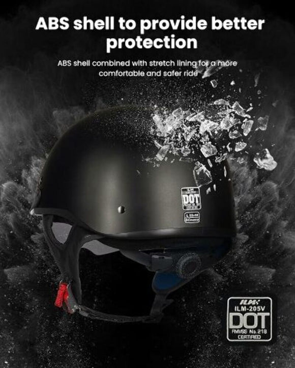 ILM Motorcycle Half Helmet 205V: Matte Black - DOT Certified
