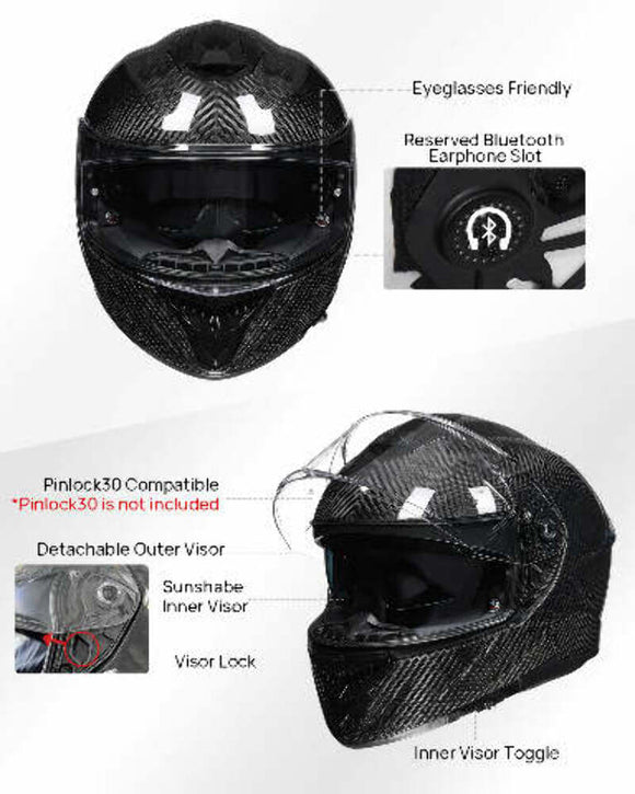 ILM Motorcycle Full Face Helmet 861C: Carbon Black - Lightweight, Carbon Fiber, Dual Visor - DOT Certified