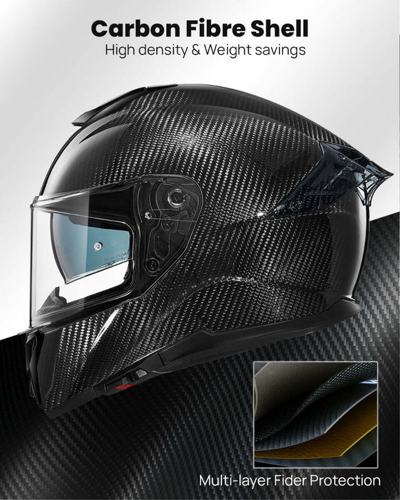 ILM Motorcycle Full Face Helmet 861C: Carbon Black - Lightweight, Carbon Fiber, Dual Visor - DOT Certified