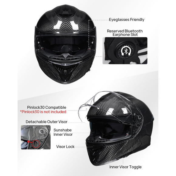 ILM Motorcycle Full Face Helmet 861C: Carbon Black - Lightweight, Carbon Fiber, Dual Visor - DOT Certified