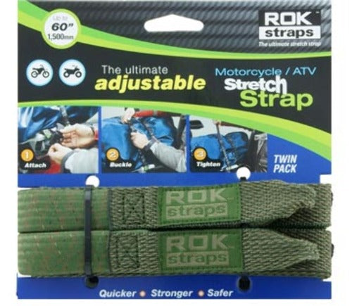 ROK Straps Adjustable Motorcycle & ATV Stretch Strap Twin Pack - 18" to 60", Hi-Viz Green