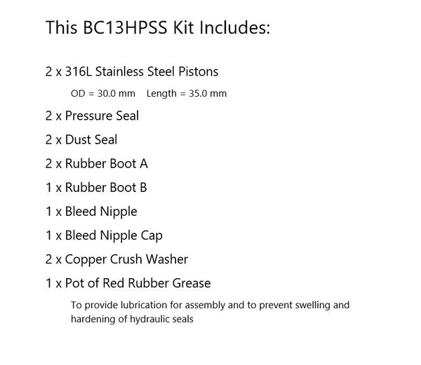 Brake Caliper Seal & Stainless Piston Kit BC13HPSS